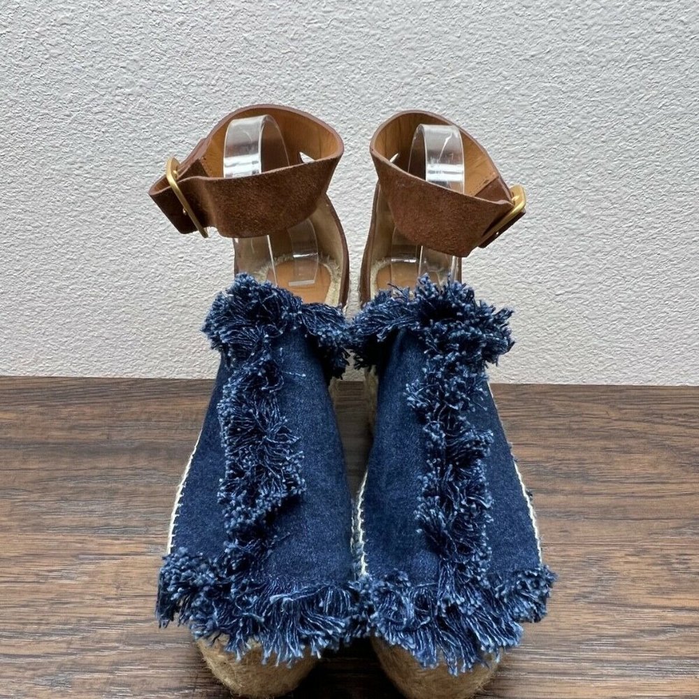 Chloe Denim Frayed Brown Suede Ankle Strap Espadrille Platform Wedge Heel 39